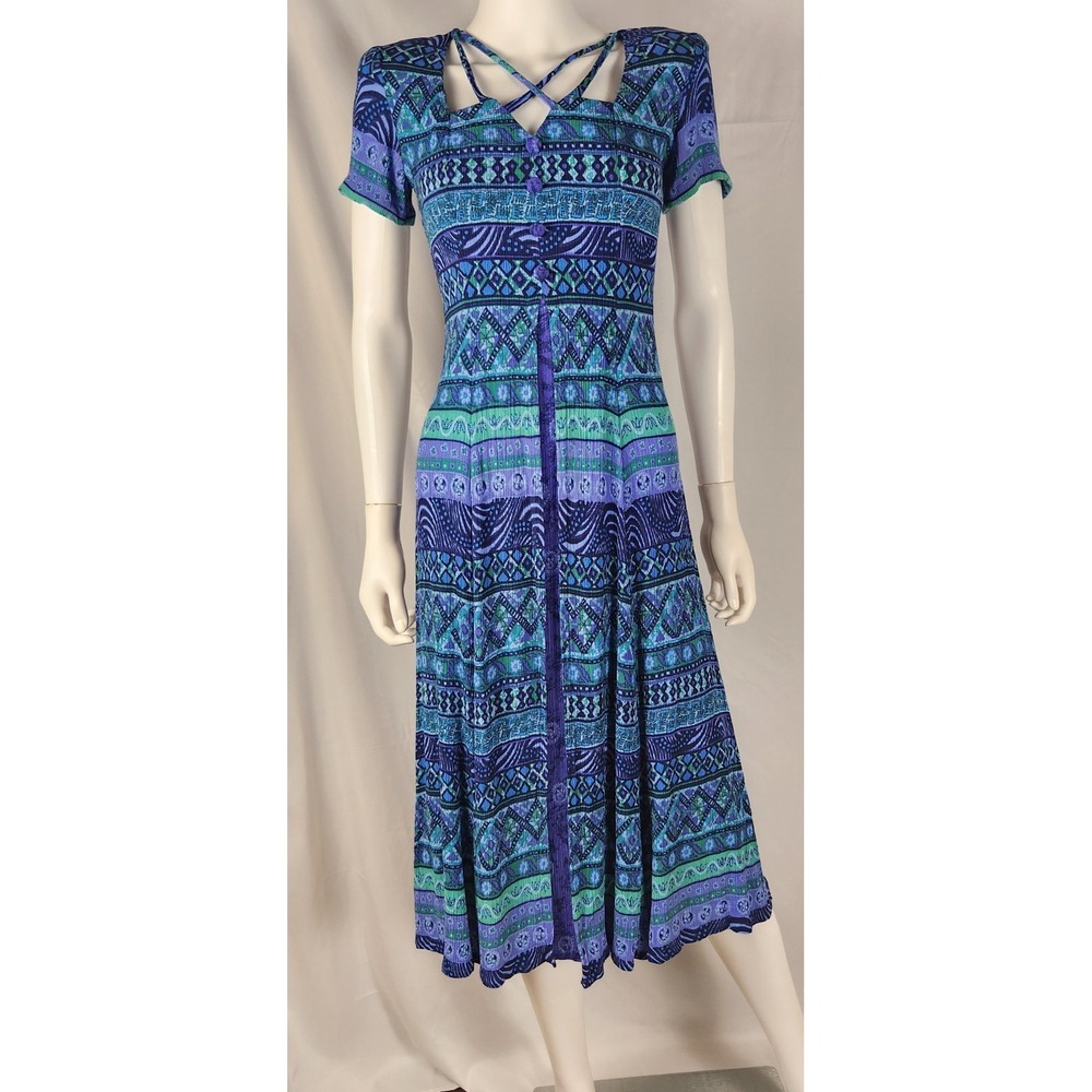 VTG 80s Westport Ltd Multi‑Color Rayon Tie‑Back Midi Dress Indie Retro 4